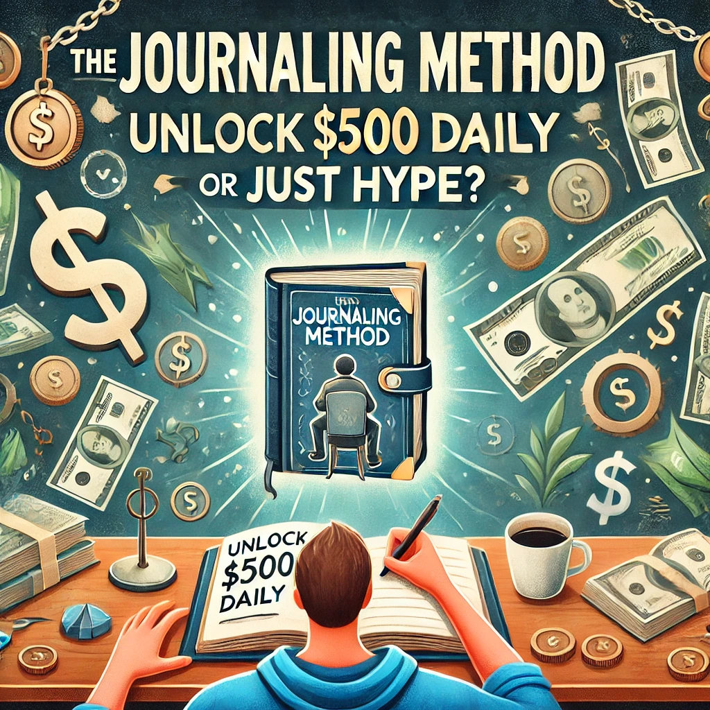 DALL·E 2024 08 28 00.32.28 Create an illustration for a review titled The Journaling Method Review Unlock 500 Daily or Just Hype The image should depict a person sitting at